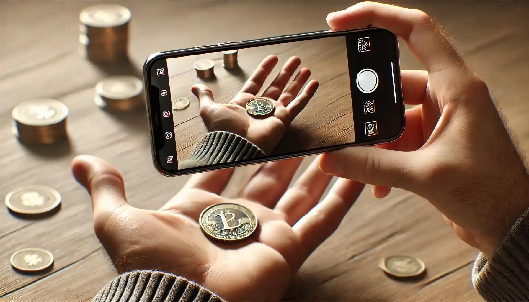 A person photographing a coin resting on their palm to scan it with the Coin ID Scanner app.