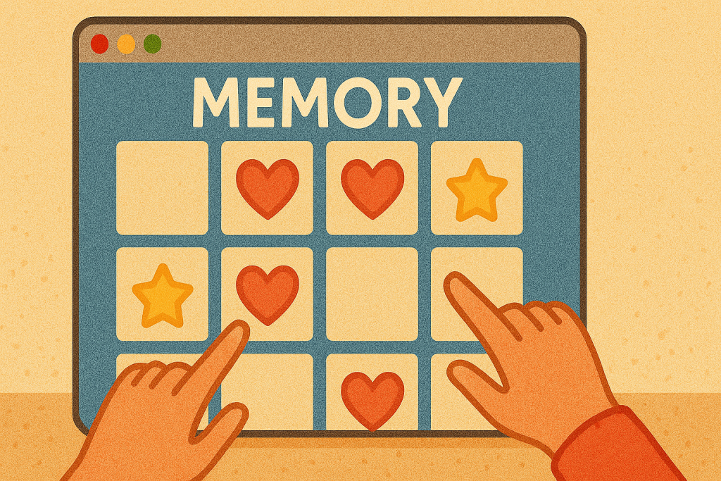 Hands interacting with an online memory puzzle game.