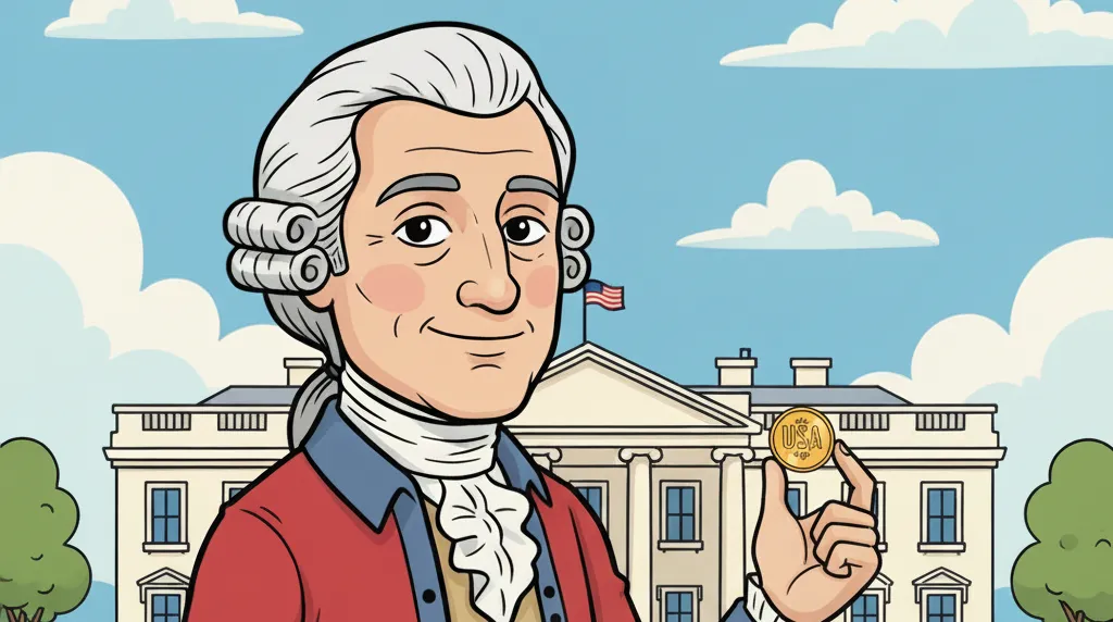 James Madison holding a small coin on the background of the White house