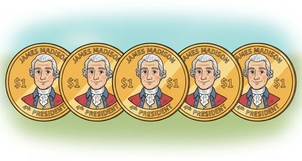 James Madison $1 Coin in the row